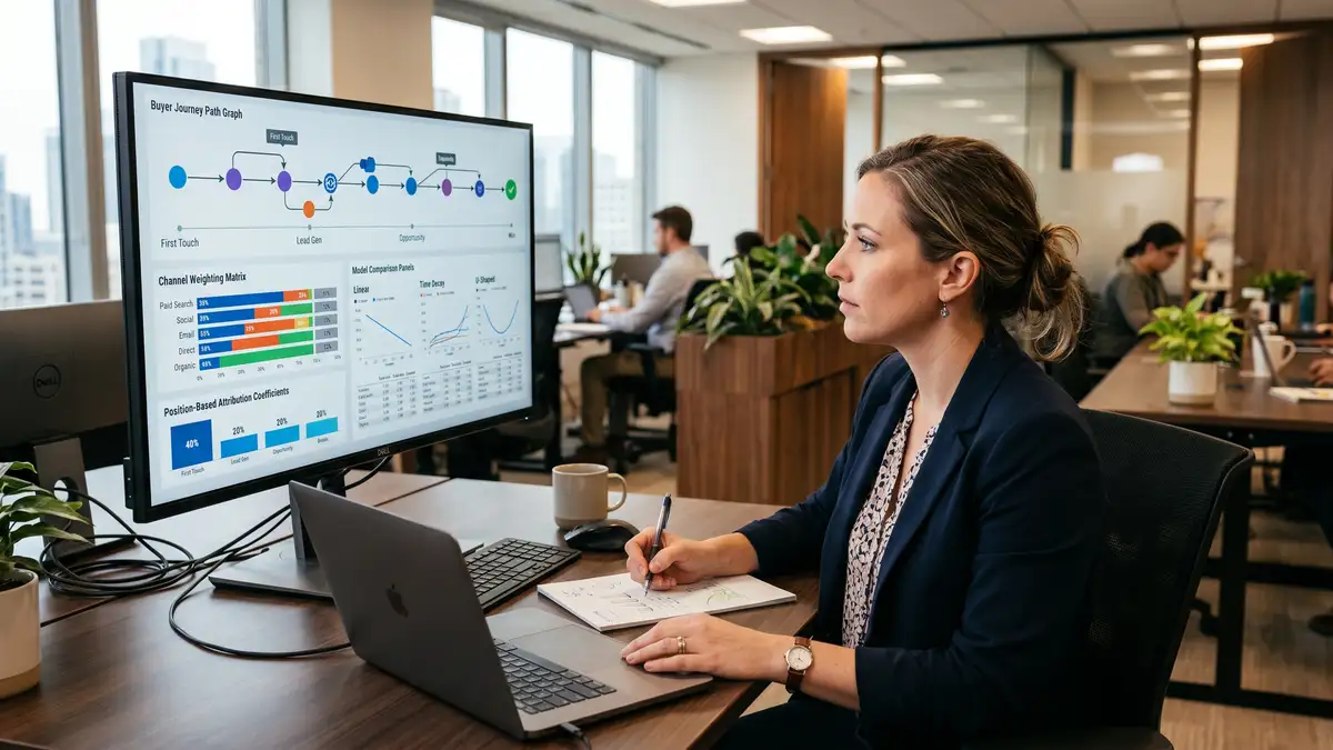 Marketing operations specialist examining a multi-touch attribution model on a large monitor with buyer journey path graph and channel weighting matrix