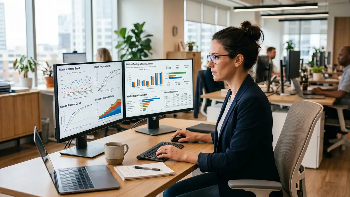 Data analyst running marketing mix model on dual monitors showing channel spend graphs and incremental revenue attribution curves