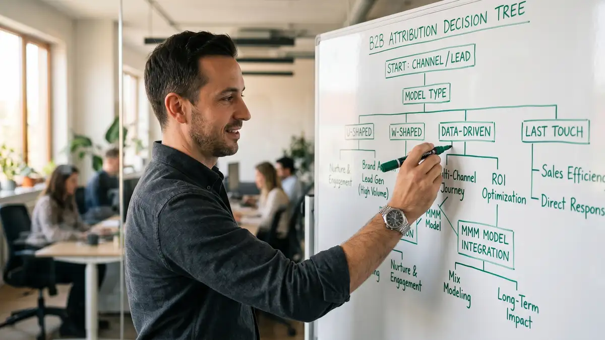 Marketing analytics leader sketching B2B attribution decision tree on whiteboard