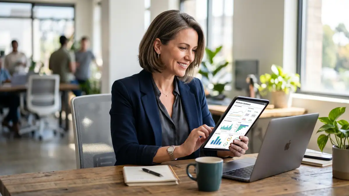 B2B SaaS CMO reviewing multi-touch attribution channel-contribution dashboard on tablet