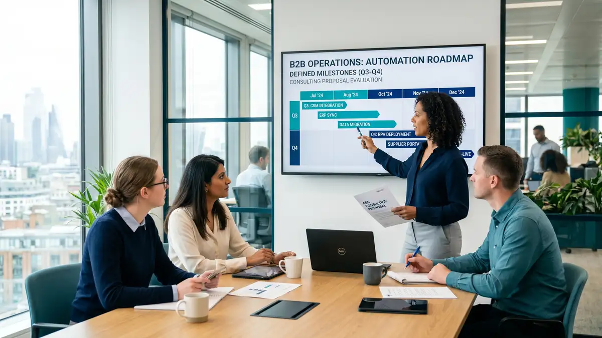 A B2B operations team reviewing an automation roadmap with defined milestones while evaluating a consulting proposal