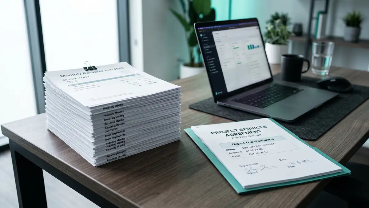 A stack of recurring monthly invoices beside a single one-time project contract, symbolising retainer dependency versus ownership