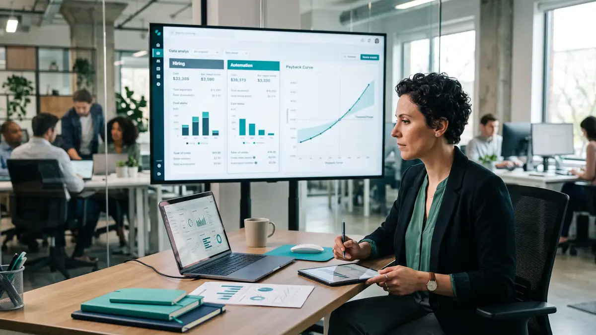 B2B operations leader comparing the cost of a new hire versus an automated workflow on a screen with side-by-side cost columns and a payback curve