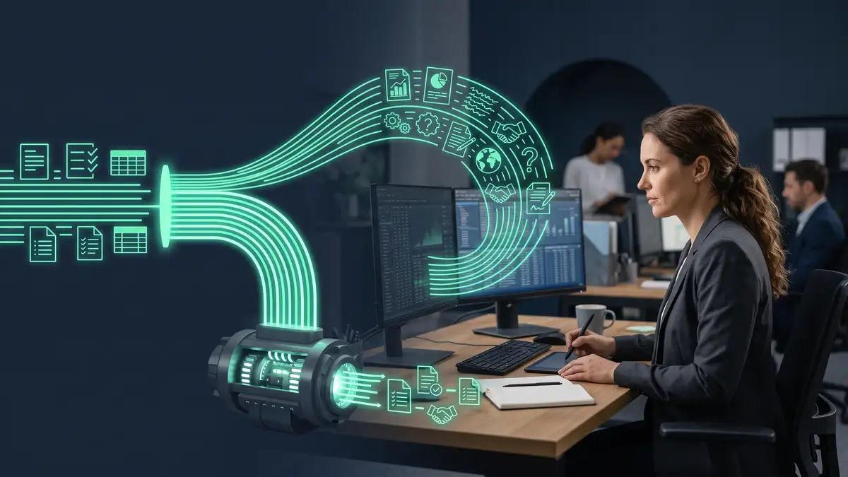Repetitive rule-based tasks routed into an automated engine while complex judgment-heavy work flows to a human professional