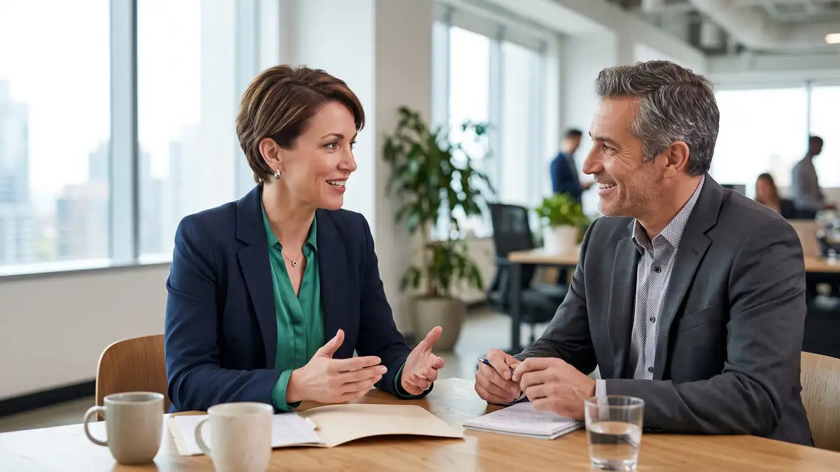 A professional in a confident client conversation, representing high-value judgment and relationship work where hiring still wins over automation
