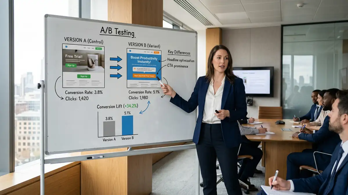Marketing strategist presenting A/B testing results and landing page conversion lift data in modern boardroom
