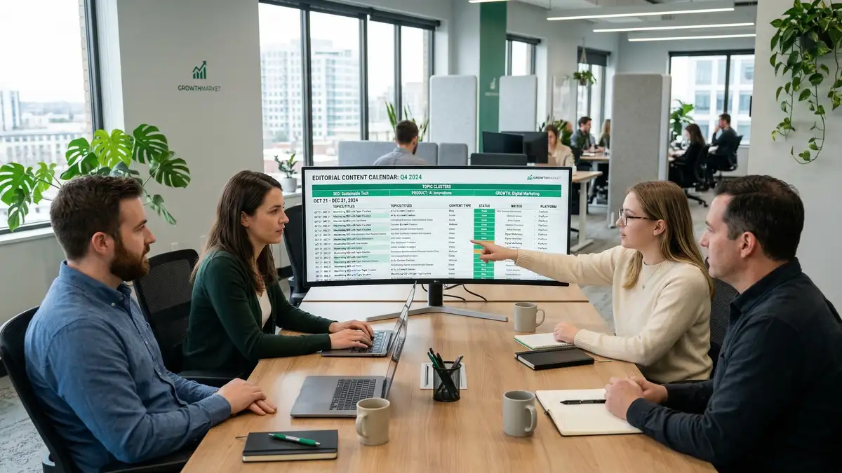 Content calendar planning workspace with editorial calendar, topic clusters, and publication dates