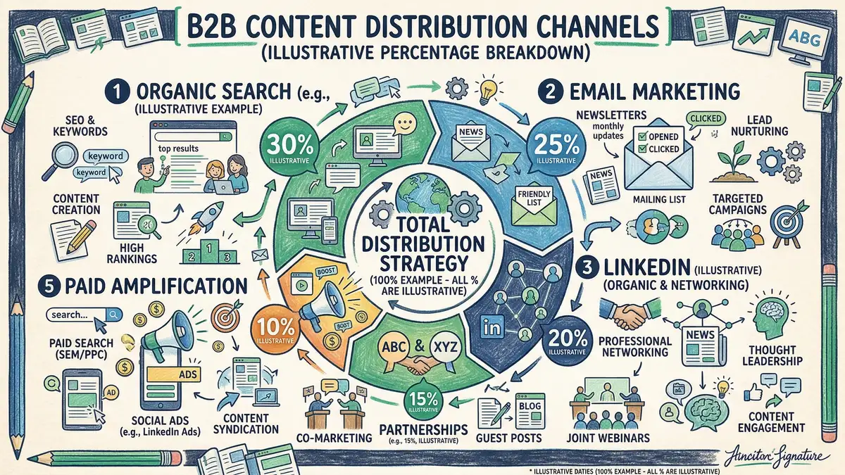 B2B content distribution channels infographic with organic search, email, LinkedIn, and paid amplification