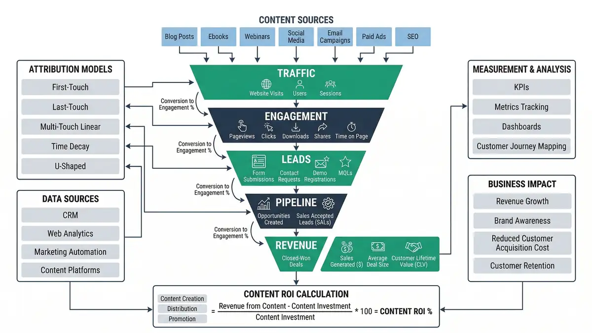 Content ROI measurement framework showing traffic, engagement, leads, pipeline, and revenue attribution