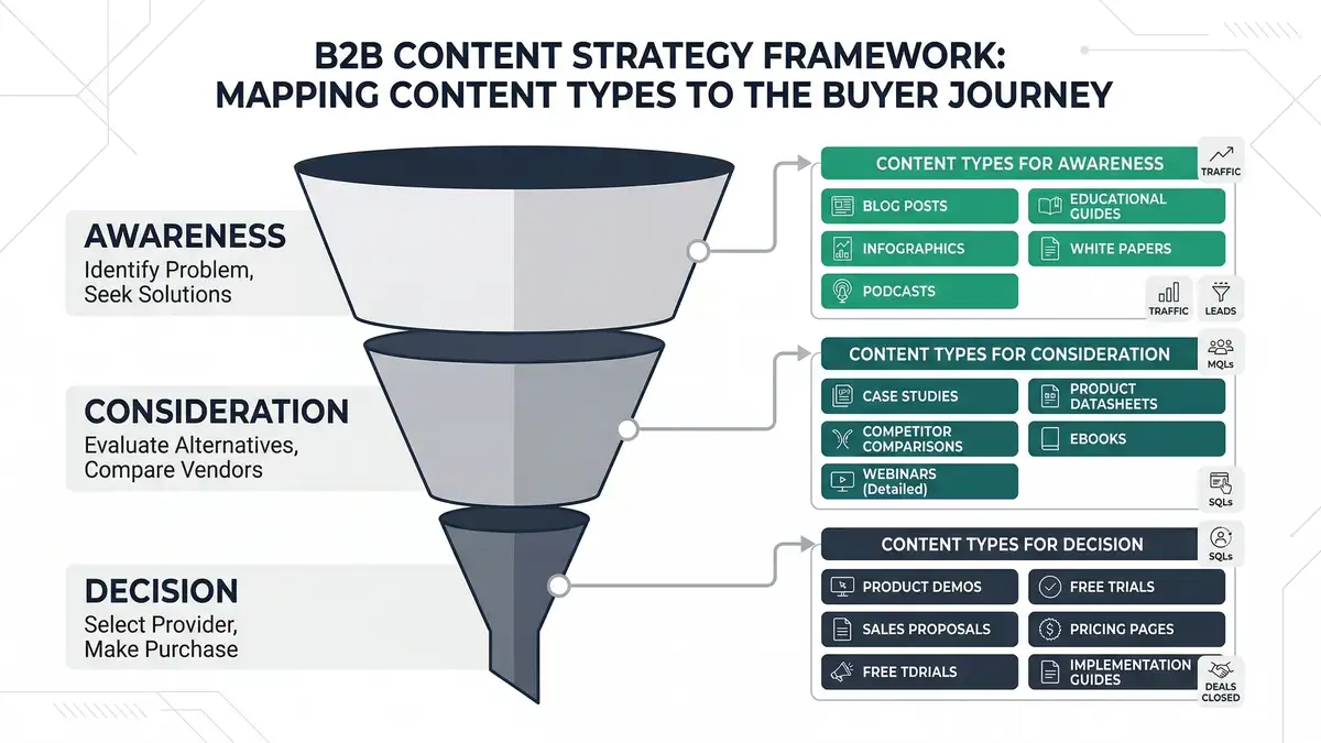 B2B content strategy framework mapping content types to buyer journey stages
