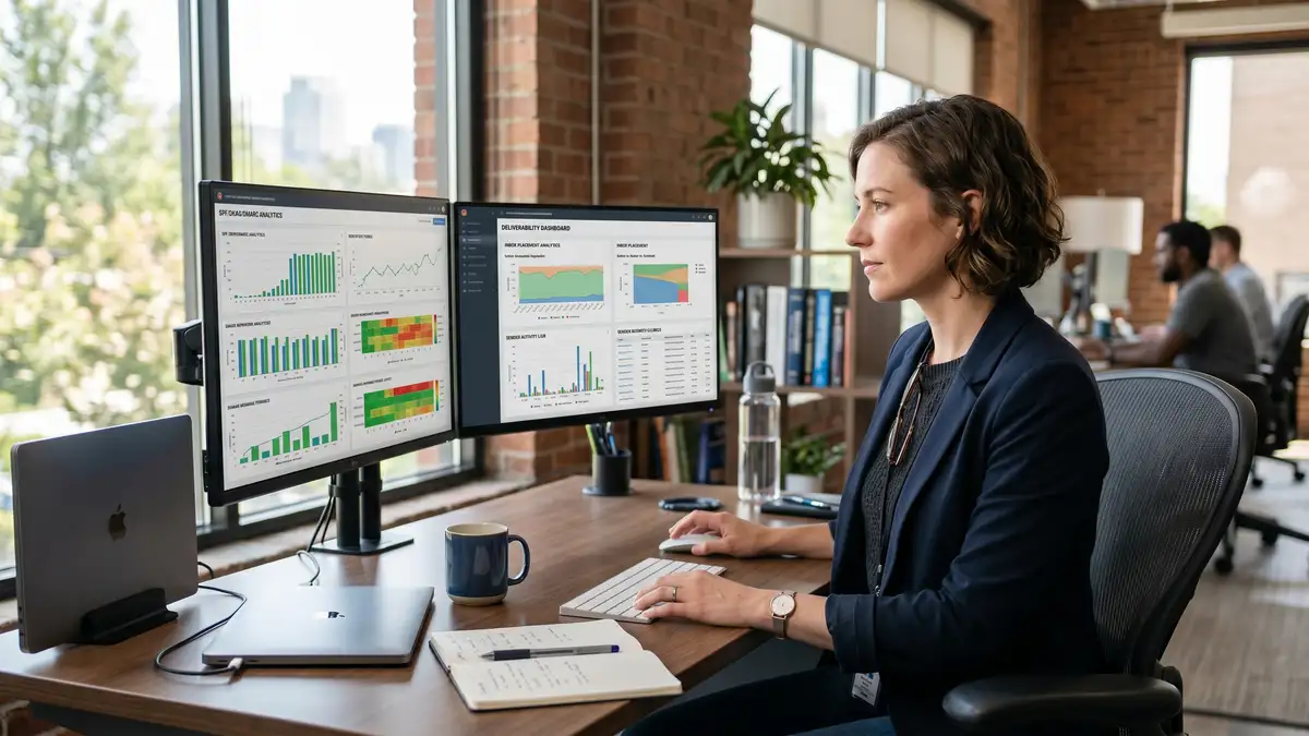 Email deliverability engineer reviewing DMARC, SPF, DKIM authentication dashboards on dual monitors with sender reputation graphs and inbox-placement analytics
