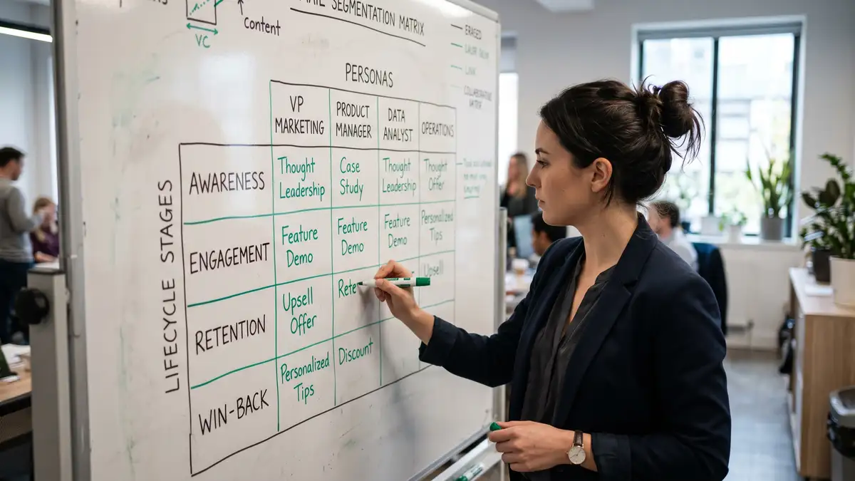 Marketing strategist sketching an email segmentation matrix on a whiteboard