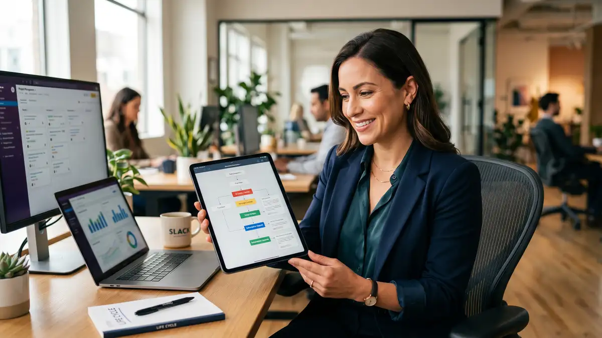 B2B SaaS lifecycle marketing manager reviewing a behavioural-trigger email sequence on a tablet