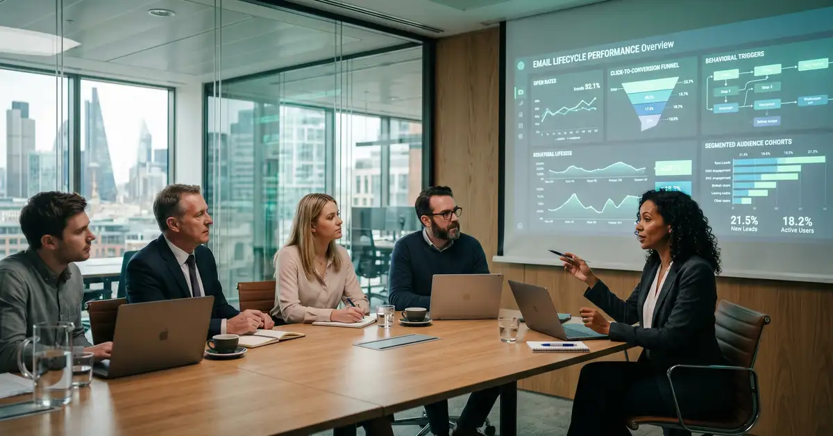 B2B SaaS marketing leadership team reviewing an email lifecycle dashboard with open rates, conversion funnels, and behavioural trigger workflows