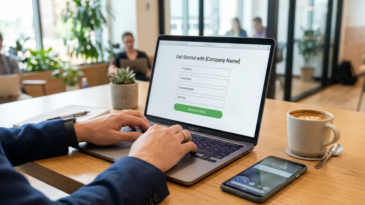 Business professional optimizing a B2B lead capture form with minimal fields on laptop screen in modern office