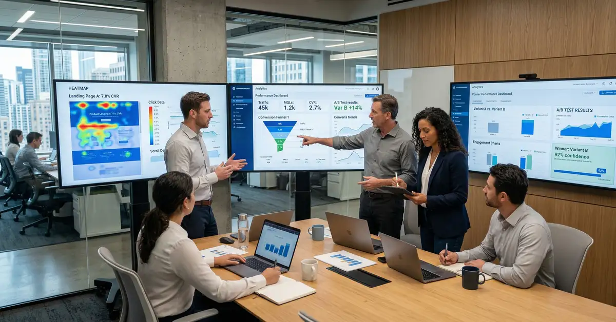 B2B marketing team analyzing landing page conversion data on dashboard screens in modern tech office with heatmaps and A/B test results