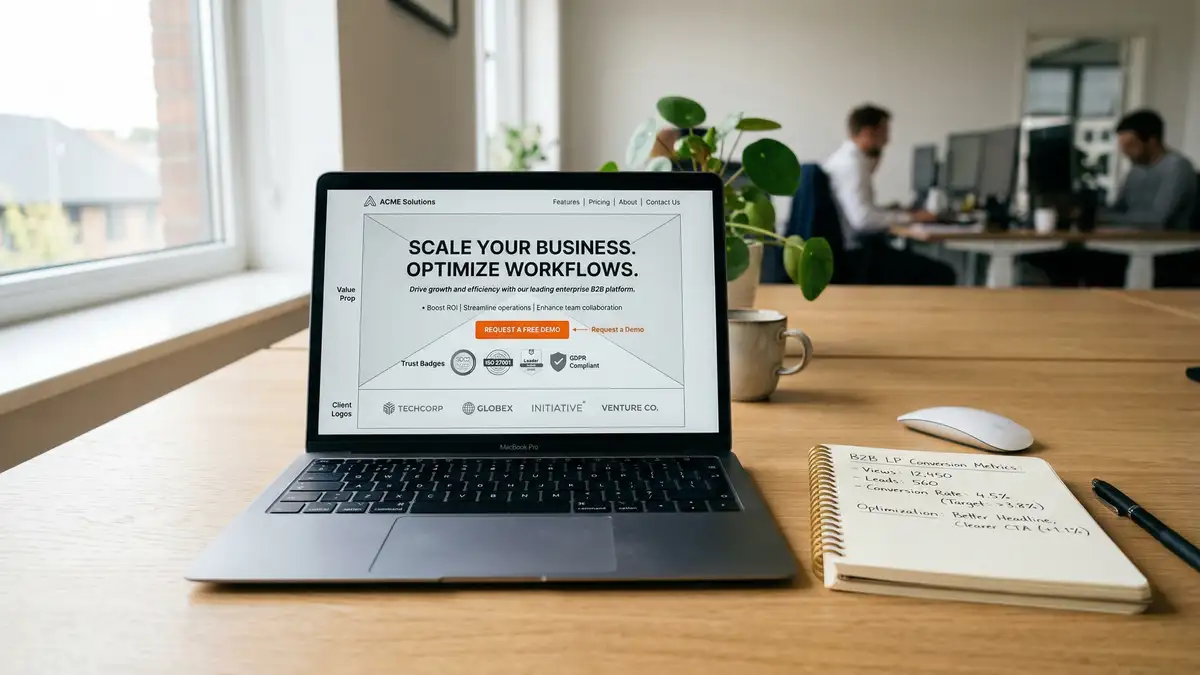 B2B landing page wireframe showing clear value proposition headline trust badges and prominent call-to-action button on laptop screen