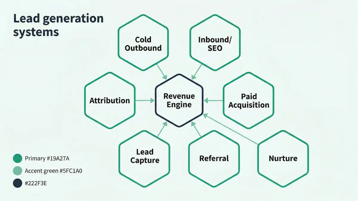 Infographic showing the 7 interconnected B2B lead generation systems converging on a central revenue engine