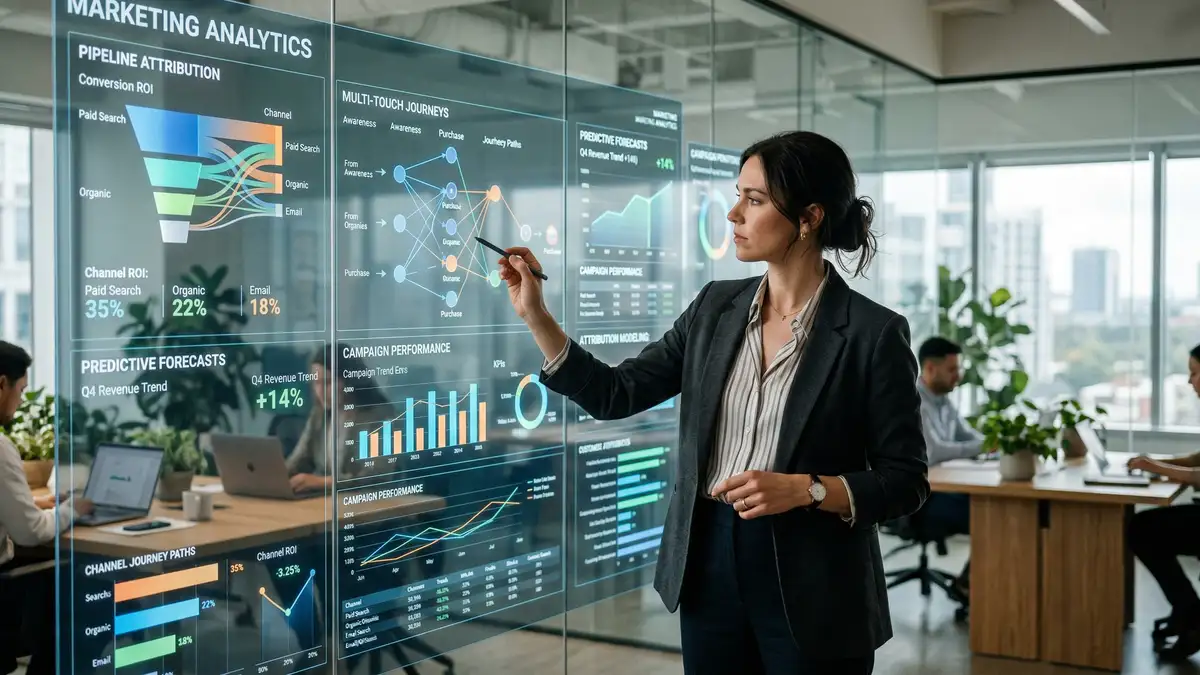 Marketing operator reviewing pipeline attribution dashboards and predictive forecasts on glass screens