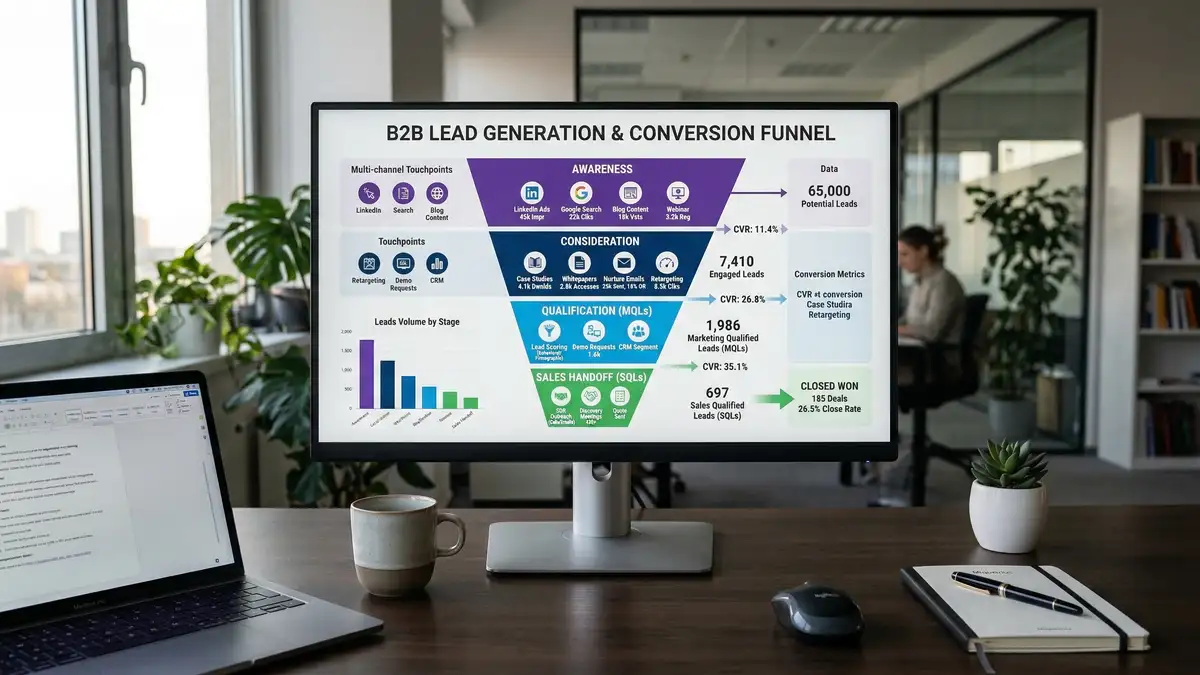 B2B lead generation funnel stages showing progression from awareness through conversion