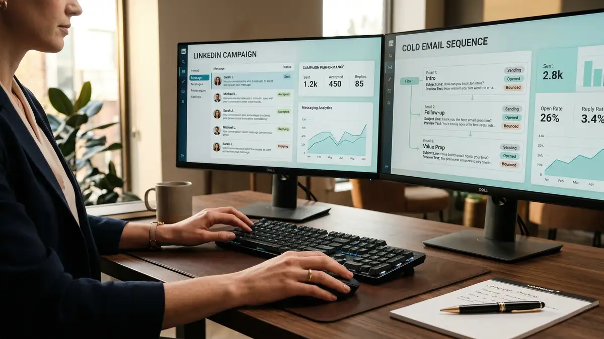 Executive reviewing a multichannel outbound campaign across LinkedIn and cold email on dual monitors