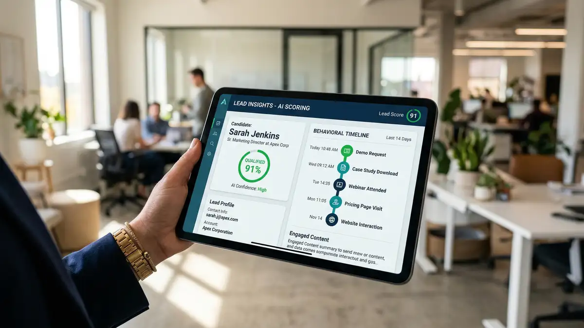 Tablet showing AI lead scoring interface with green qualification badges and behavioural timeline