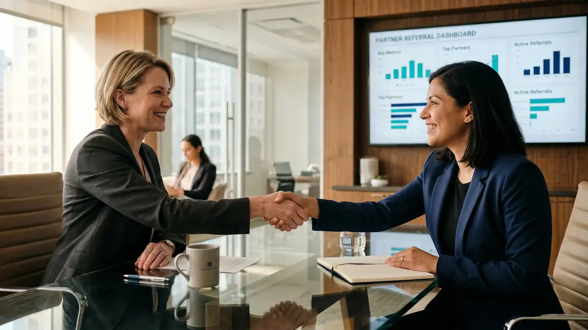 Two B2B executives shaking hands across a conference table with a partner referral dashboard in the background