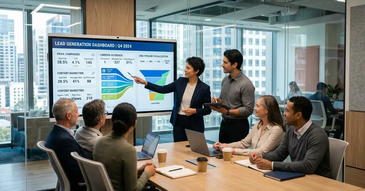 B2B sales and marketing team reviewing multi-channel lead generation dashboard with email campaign metrics, LinkedIn outreach stats, and CRM pipeline visualization