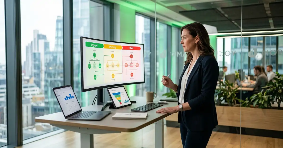 B2B lead nurturing strategy framework showing multi-channel follow-up sequences with email LinkedIn and retargeting automation