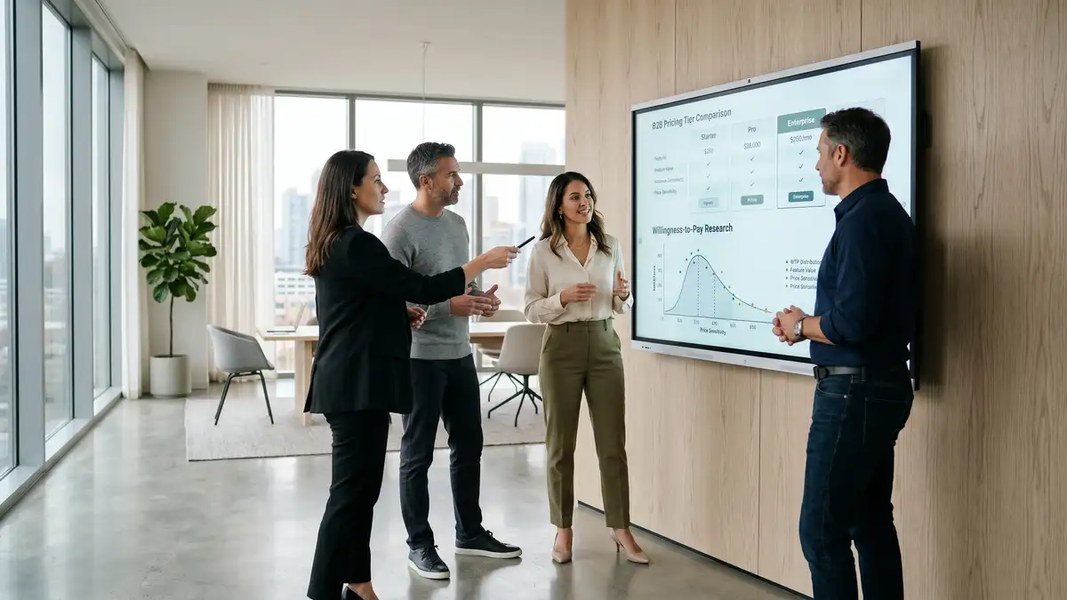 B2B SaaS pricing strategy session with executive team reviewing tier architecture and willingness-to-pay data