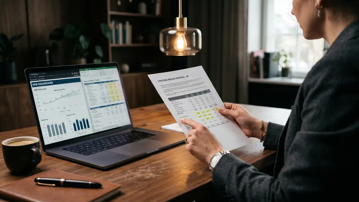 CFO reviewing hybrid pricing model financial projections and NRR cohort analysis on multi-monitor setup