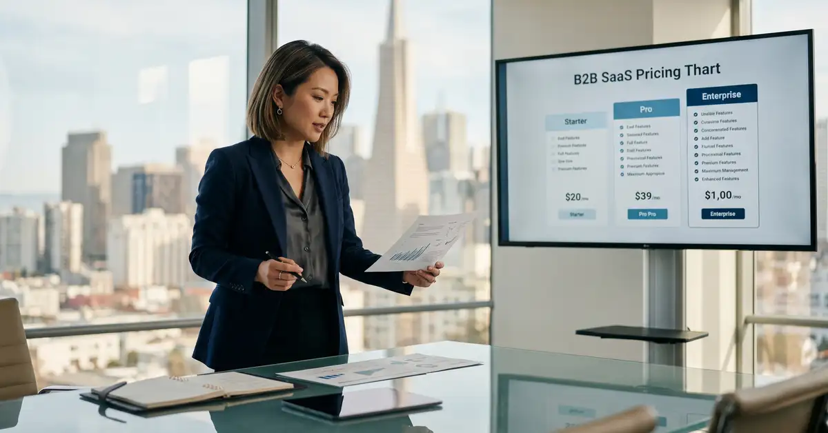 B2B SaaS executive analyzing pricing strategy dashboard with profit margin charts and tiered pricing framework visualization