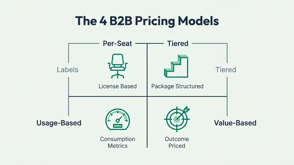 Infographic showing the four B2B SaaS pricing models: Per-Seat, Tiered Feature-Based, Usage-Based, and Value-Based with adoption rates and NRR impact