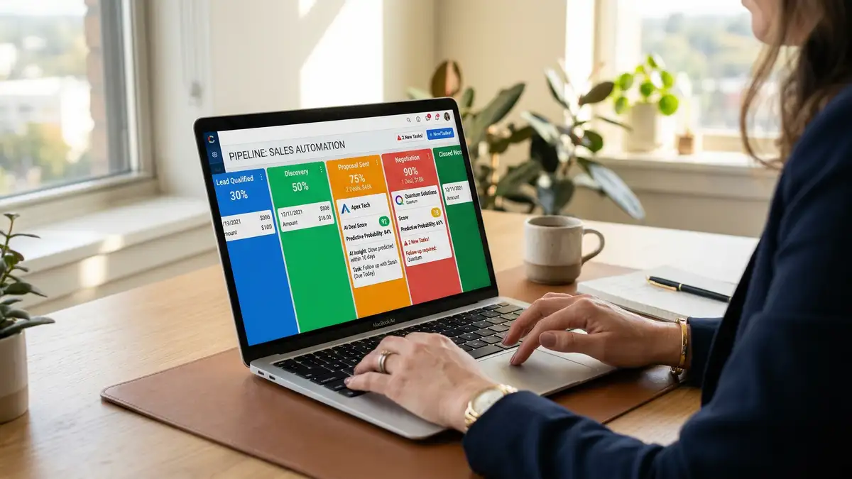 Business professional using AI-powered CRM pipeline interface with automated deal scoring and predictive analytics on a laptop
