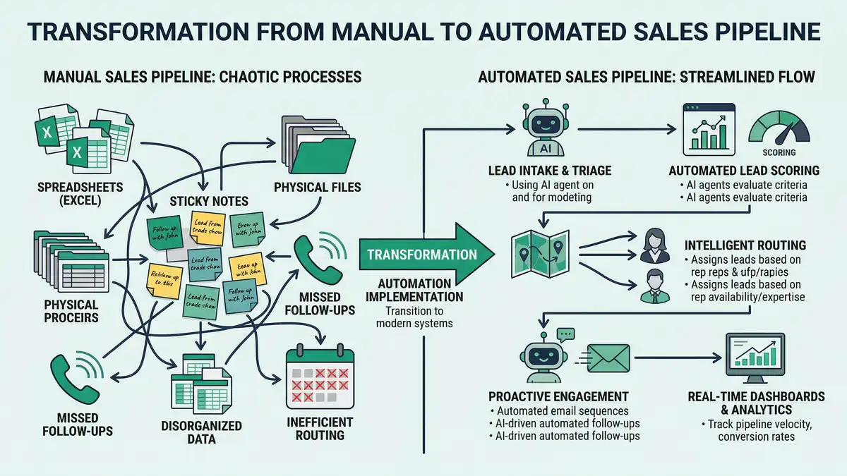 Infographic showing the transformation from manual sales pipeline processes to automated AI-powered deal progression with key metrics