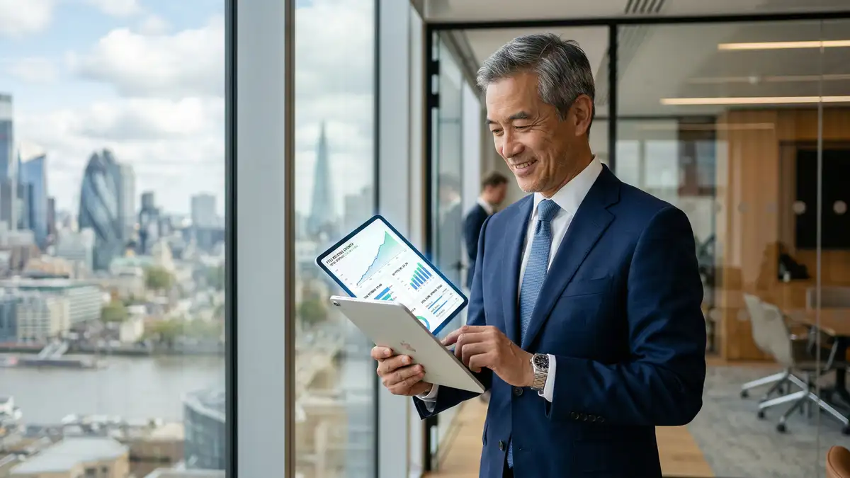 Senior B2B executive reviewing sales pipeline performance metrics and revenue charts on a tablet in a high-rise office