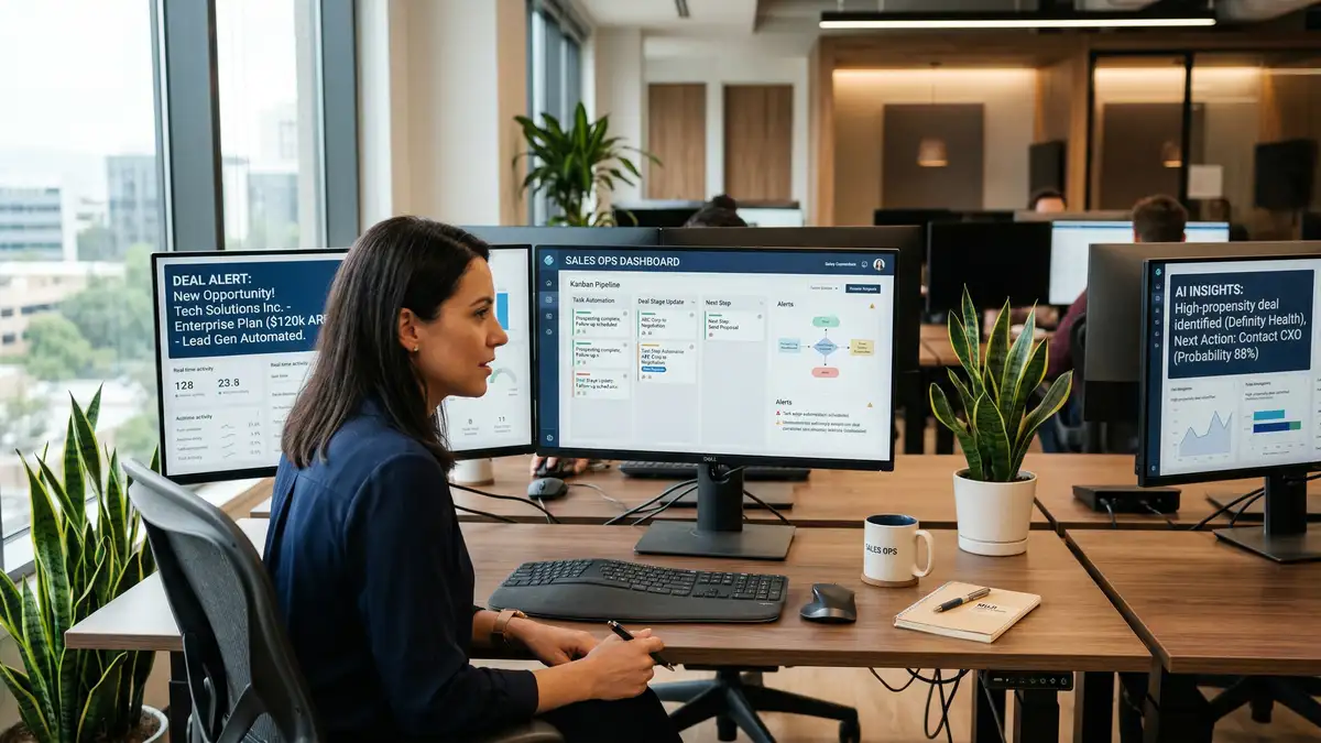Modern sales operations workspace with multiple monitors showing automated pipeline dashboards real-time deal alerts and AI insights