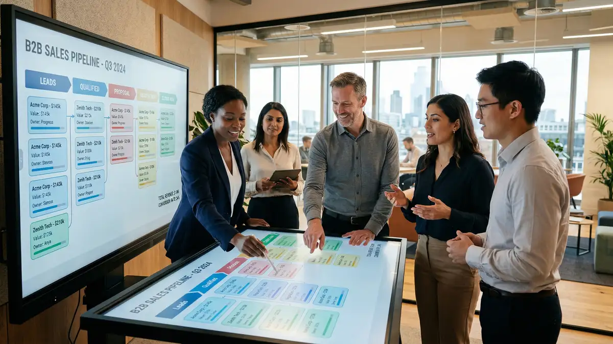 B2B sales team collaborating around a digital pipeline dashboard reviewing deal stages and conversion metrics in a modern meeting room