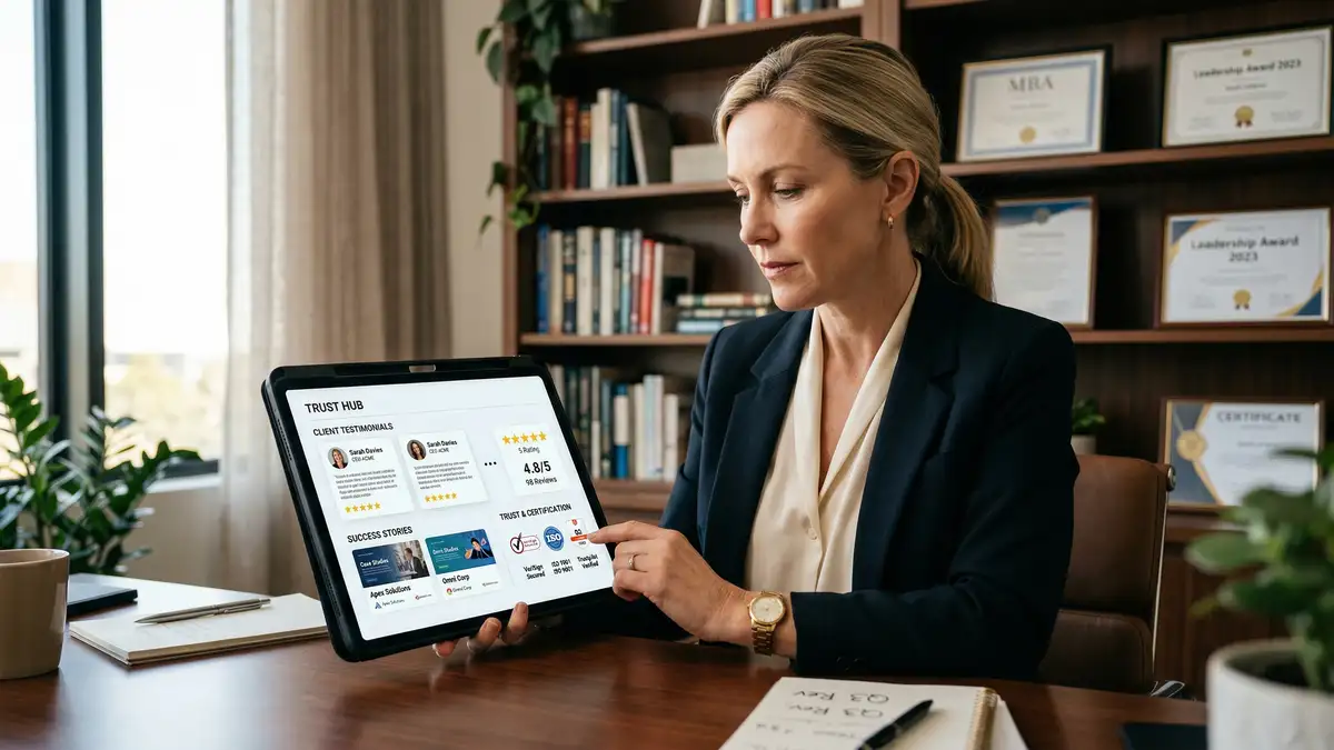 Executive reviewing social proof elements including client testimonials trust badges and case study thumbnails on tablet