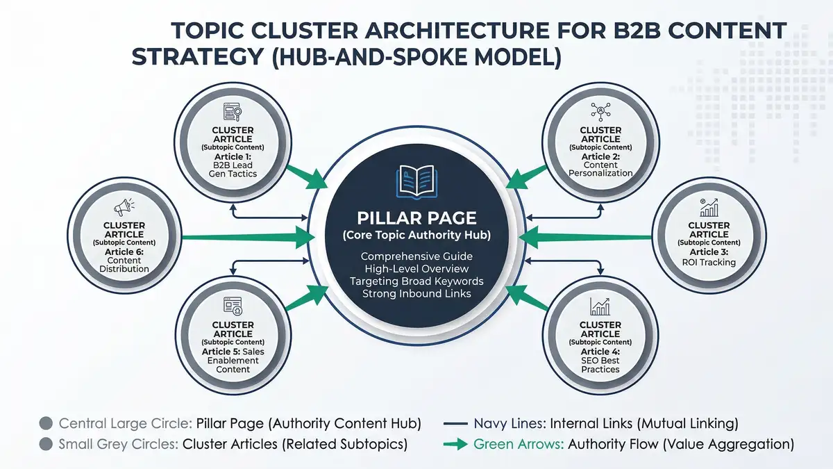 Topic cluster architecture for B2B content strategy with pillar pages and cluster articles