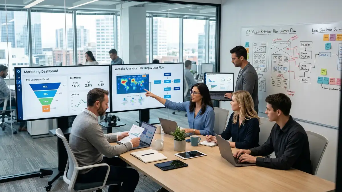 B2B marketing team analyzing website conversion data and user journey analytics on multiple screens