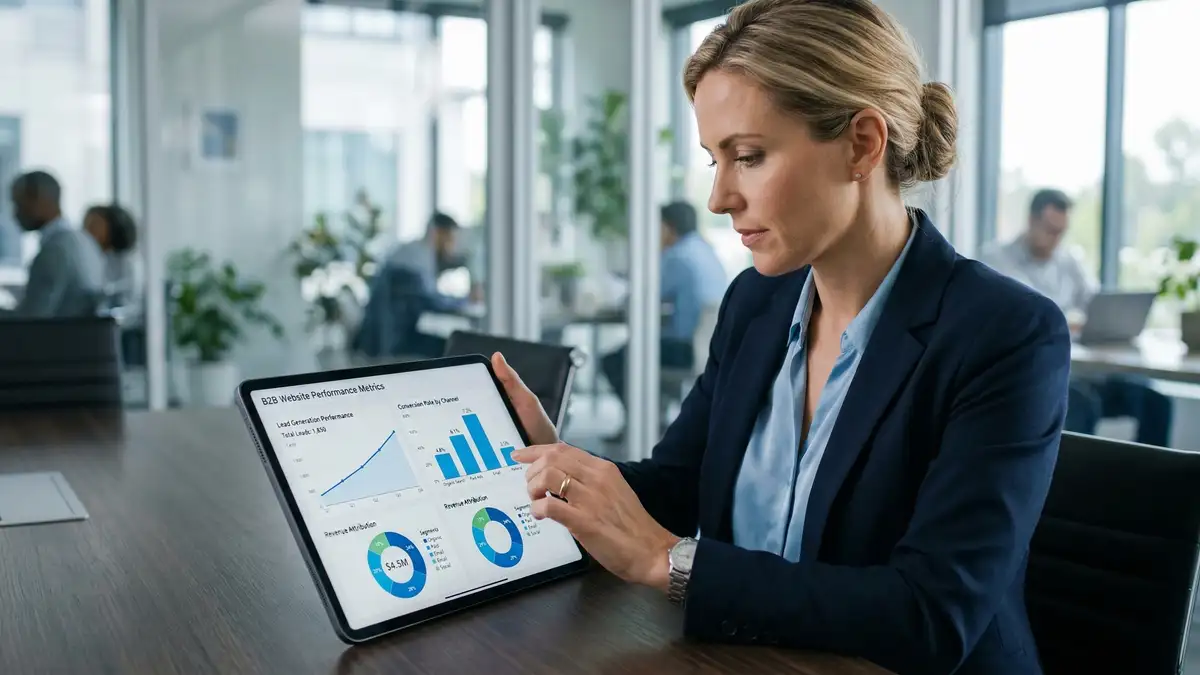Executive reviewing B2B website performance metrics showing conversion rates and revenue attribution on tablet