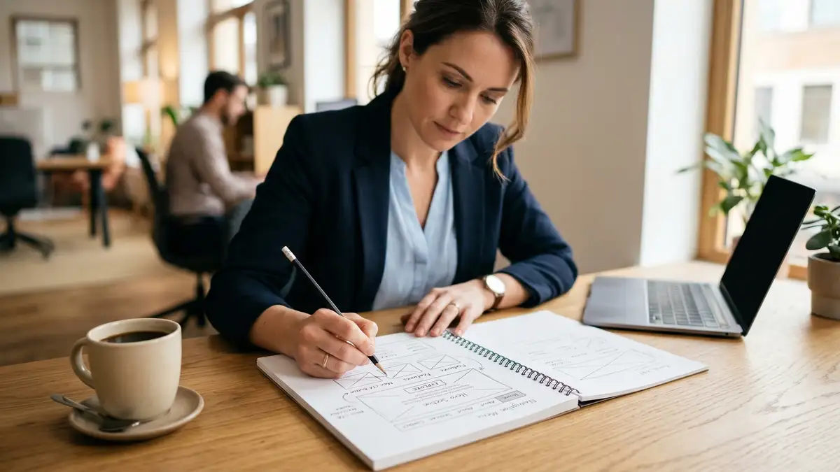 Business professional sketching B2B website wireframe layouts showing navigation hierarchy and conversion paths