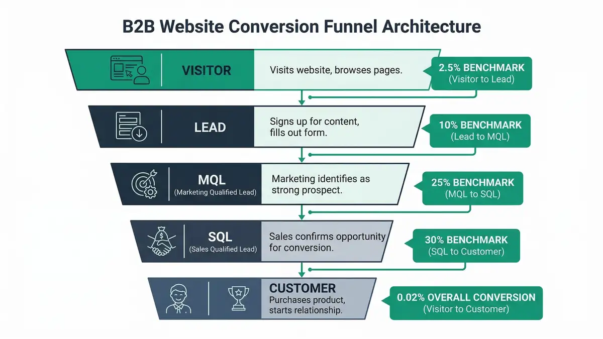 B2B website conversion funnel architecture diagram showing visitor to customer journey with conversion benchmarks