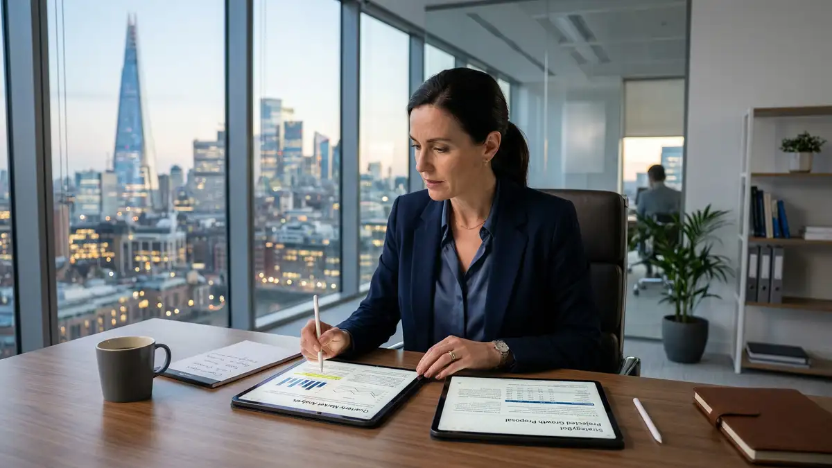 Executive comparing AI platform pricing and business reports on tablet in modern office with city skyline