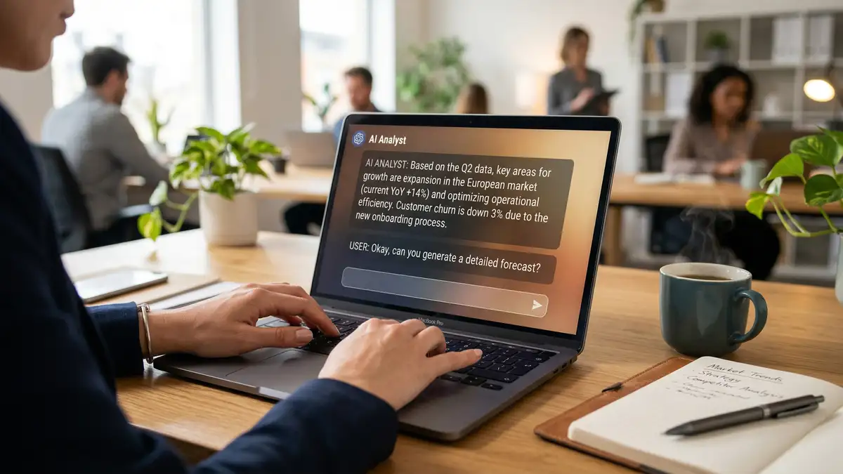 Business professional using AI chatbot on laptop for business analysis and strategic planning in modern office