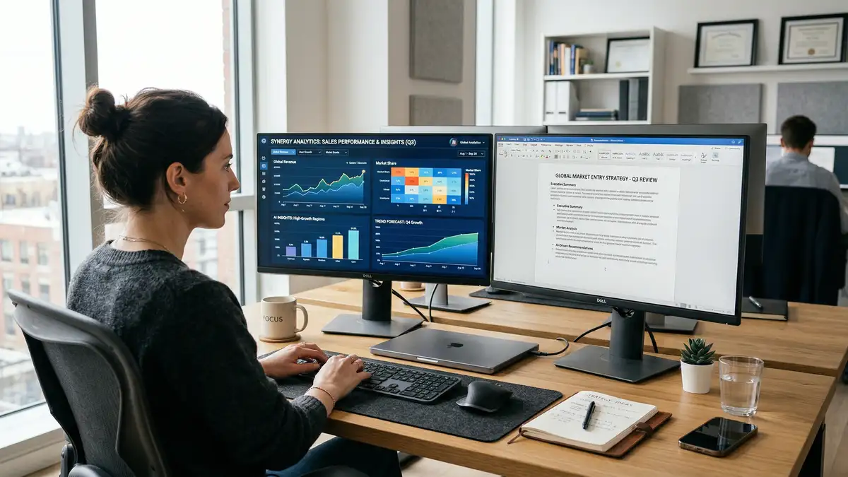 Modern dual-monitor workspace showing AI-powered business analytics dashboard and document drafting for enterprise AI evaluation