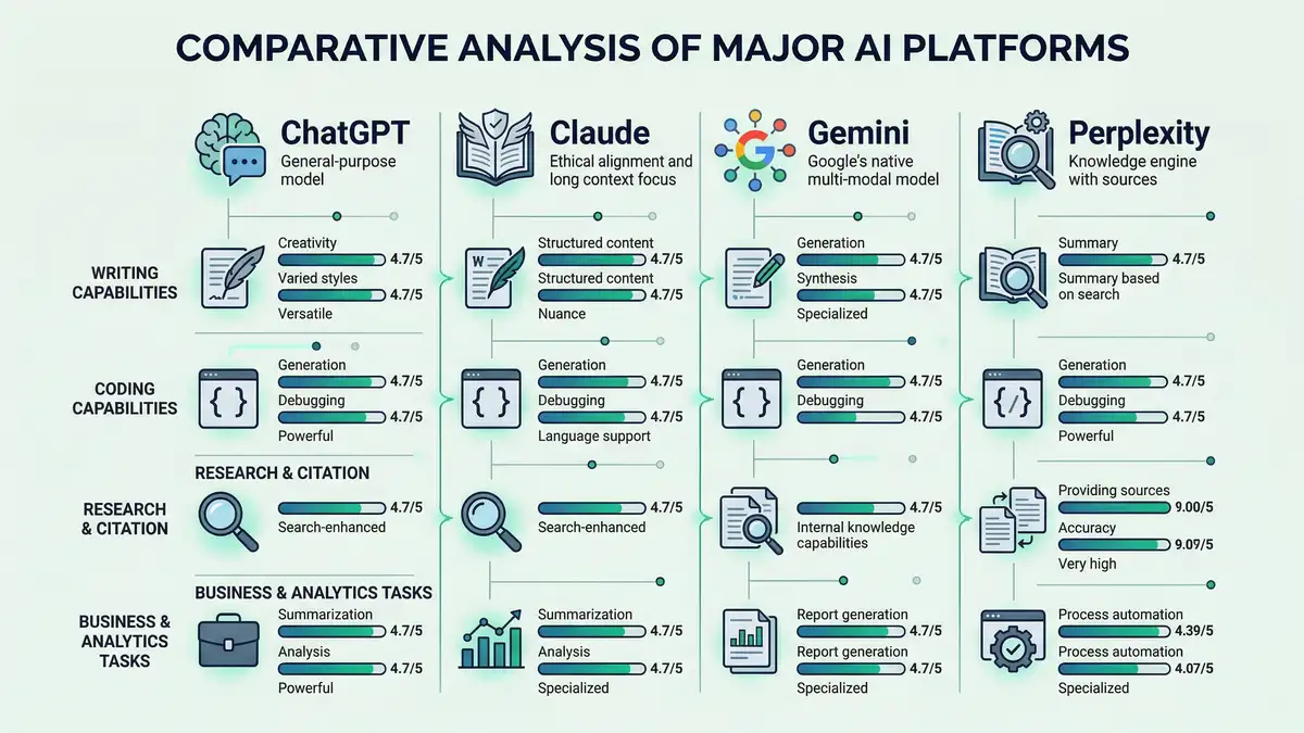 Infographic comparing ChatGPT Claude Gemini and Perplexity AI capabilities across business use cases with ratings for writing coding research and analysis