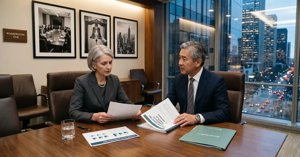 Board search and advisory practice with diverse directors reviewing skills matrix and governance documents in boardroom
