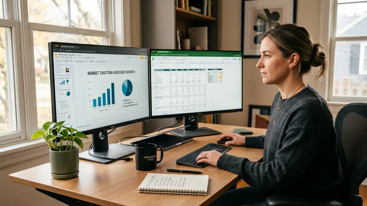 Founder preparing board deck on tidy desk with metrics dashboard on second monitor